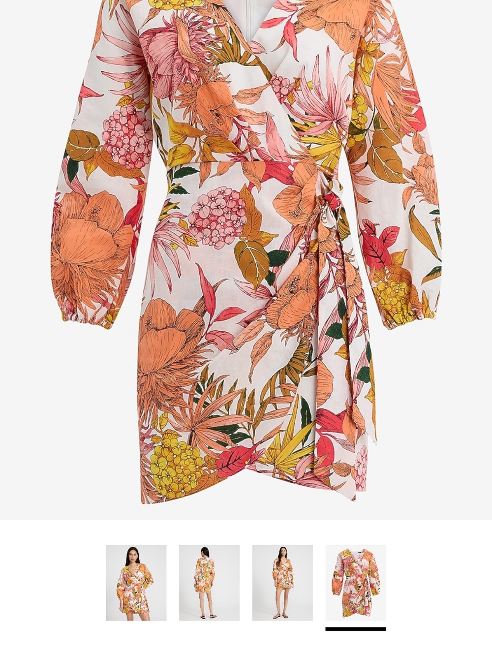 Express Floral Wrap Mini Dress in Orange & Cream - Picture 2 of 3
